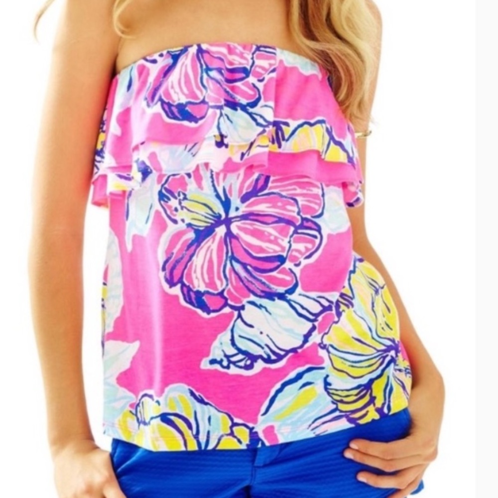 Lilly Pulitzer Rilo Ruffle Tube Top in Swept by the Tides.